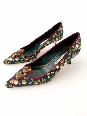 MANOLO BLAHNIK | Green Botanical Jewel Buckle Kitten Heel Pointed Pumps EU 38.5